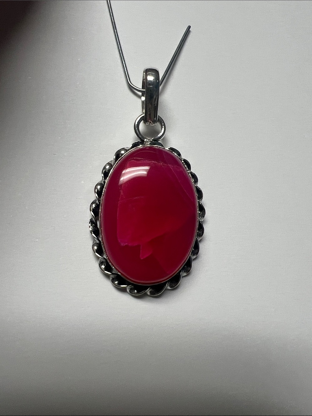 Pink Agate Oval Stone Pendant in Silvertone frame